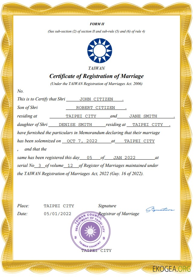 Modèle Word et PDF de certificat de mariage à Taiwan